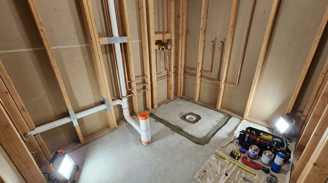 Bathroom rough-in plumbing during remodel by Johns Plumbing LLC in Buckhannon