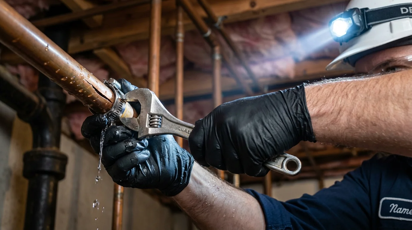 Emergency pipe clamp repair being performed by a Johns Plumbing LLC plumber in Buckhannon