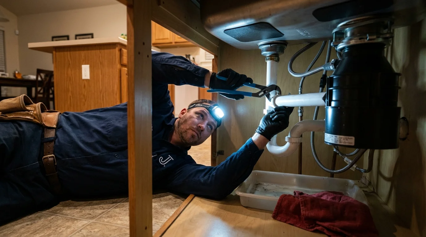 P-trap and supply line connections under a kitchen sink showing a common leak point in Buckhannon, WV